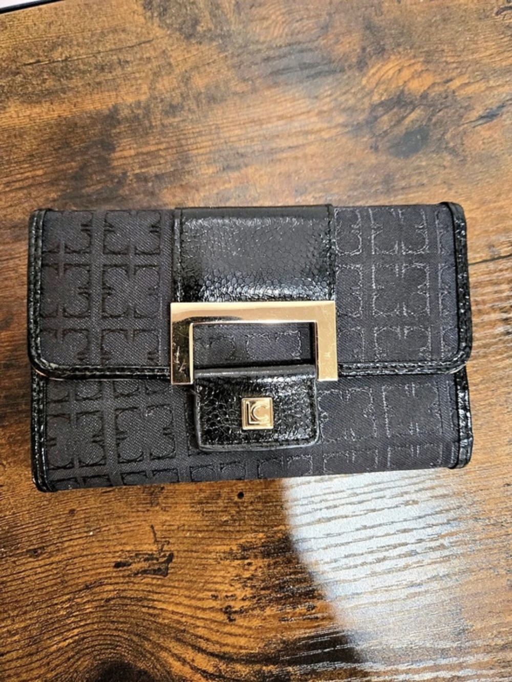 Liz Claiborne Black LC Monogram Jacquard Trifold Wallet Gold Hardware